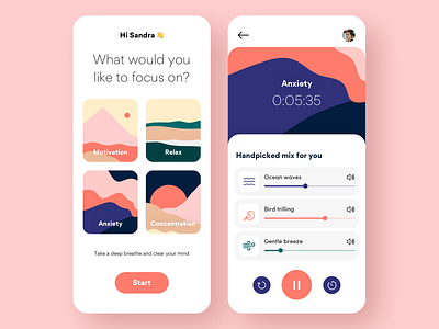 Meditation App anxiety app clean design focus gogoapps interface maditating meditation app minimal mobile motivation play player profile relax shapes timer ui ux