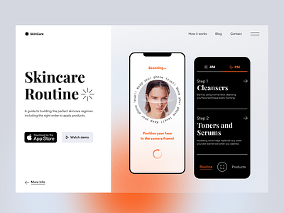 Skincare Routine App - Landing Page app blur clean design face gogoapps gradient guide interface landing page minimal mobile product quality routine scan skin skincare transparent ui