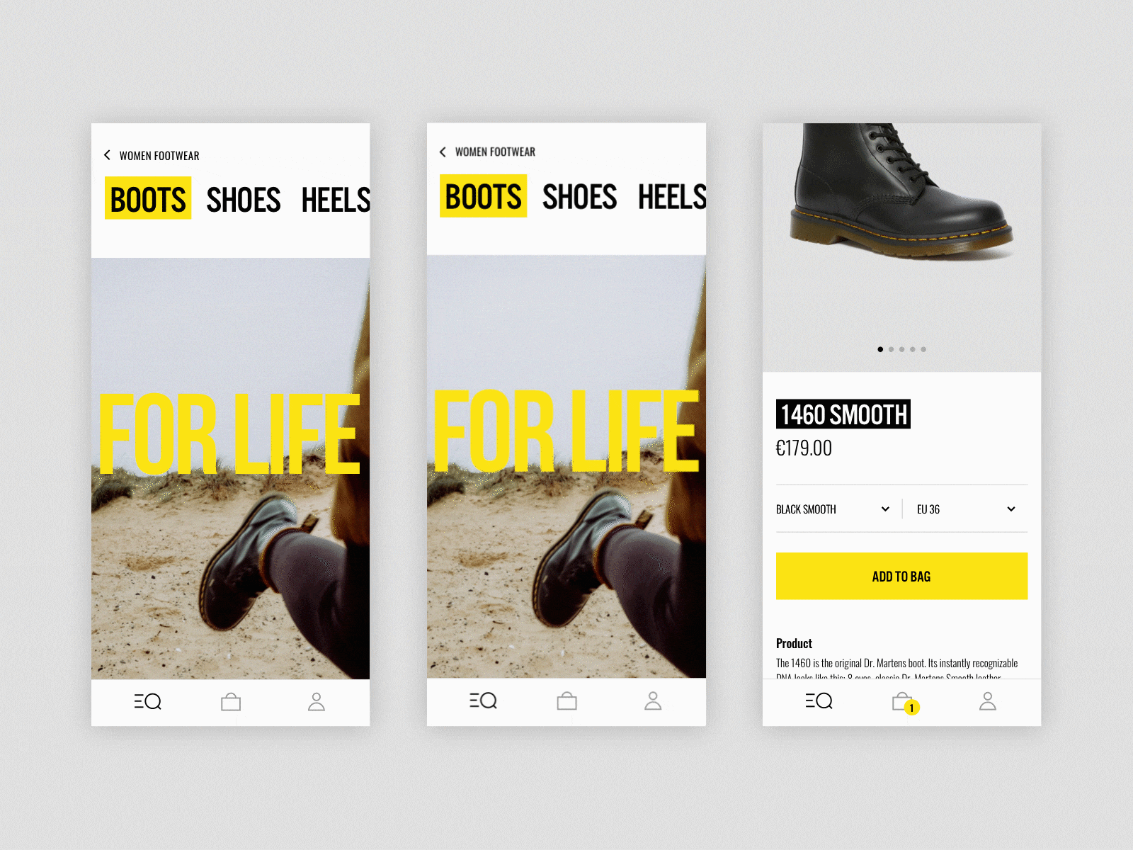 Design concept for Dr. Martens App animation black boots clean concept design digital docs dr martens interface minimal mobile mobile app product shoes shop ui ui desgin ux