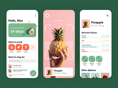 Healthy Eating App aplication app clean colors design eat gogoapps green grocery health healthcare illustrations interface ios mobile pineapple scan scanner ui ux