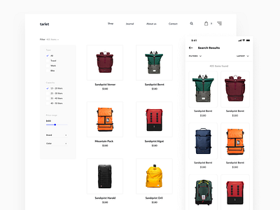 Backpacks branding clean design ecommerce figma flat mobile shop sketch ui ux web website