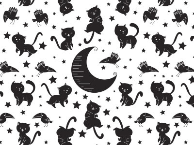 Pattern Cats And Ravens black and white cat halloween inked pattern poe ravens repat pattern seamless pattern