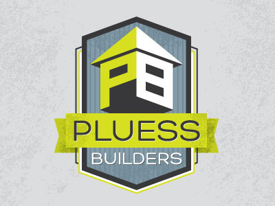 pluess badge banner blue builders gray green grunge house isometric logo roof stripes vintage