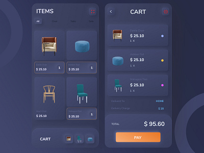 Skeuomorphic e-commerce cart and product gallery page android app dark ui ecommerce app ecommerce design ecommerce shop ios app trend 2019 ui