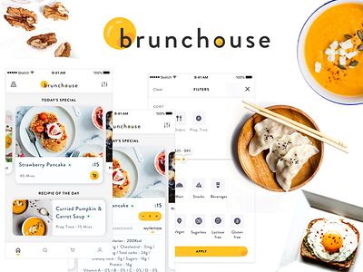 Brunchouse app branding clean concept design flat food logo recipe ui ux yellow