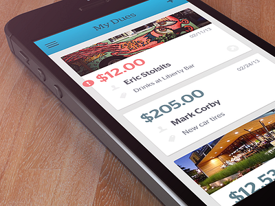 Dues App app blue box charges dues feed gray header iou iphone money payments ui white