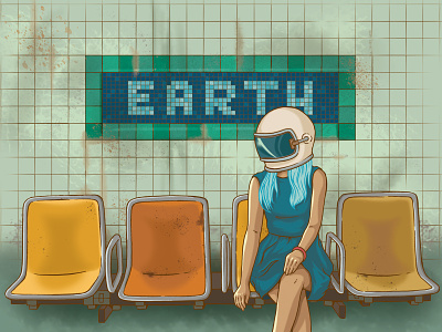 Train to Mars earth illustration mars space chick subway train waiting