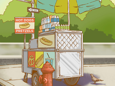 Dog Stand drinks hot dogs hydrant pigeons pretzels sign stand steet meat
