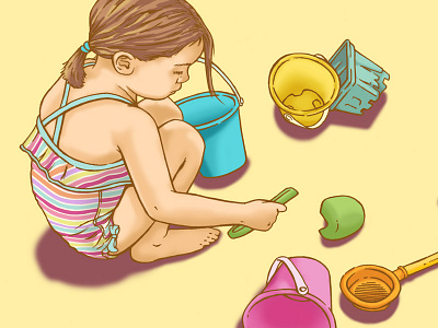 Beach Girl bathing suit beach buckets girl sand shovel stripes