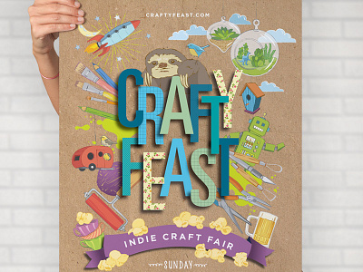 Crafty Feast Poster beer columbia crafty feast indie craft fair poster design poster illustration robot rocket sc sloth