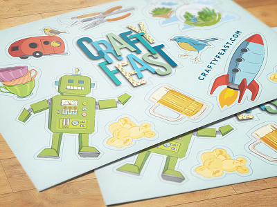 Crafty Feast Sticker Sheet beer bird crafty feast indie craft fair popcorn robot rocket sticker sheet stickers