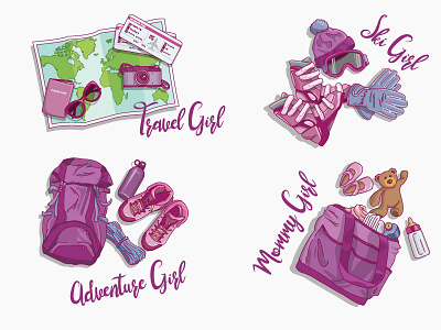 Go Girl Icons adventure girl girly go girl hike icons illustrations mom ski spot illustration travel