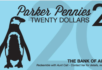 Parker Pennies 20 blue dollars penguin play money twenty