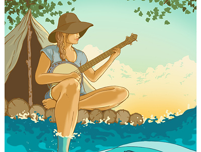 Indah Gig Poster banjo detail float gig poster huck finn raft river