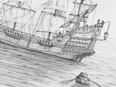 Q - Queen Anne blackbeard charleston drawing graphite ocean pirates queen annes revenge row boat ship