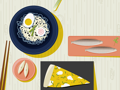 Dinner Time design dinner fish food illustration pizza ramen table