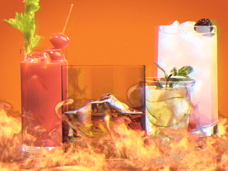 Boozy Hot Sauce animation cocktail collage design drinks fire flames hot sauce illustration motion