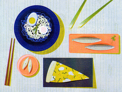 Dining Table design dinner fish food illustration ramen riso riso print risograph scallion vector