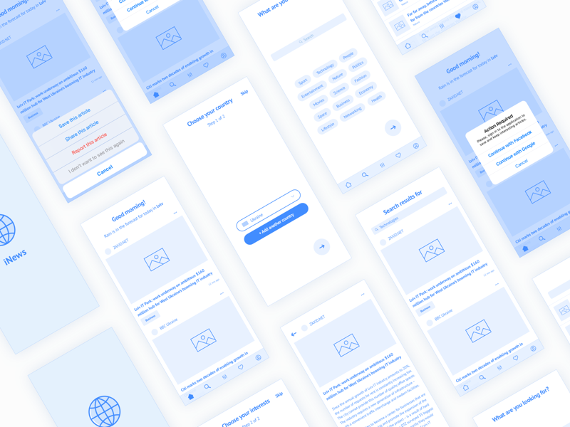 Wireframes for news app by Olena Tomchuk on Dribbble