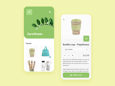 E-commerce Eco App Concept add to cart application cup design eco ecology ecommerce future goods interface menu minimal mobile my bottle nature products shopping app ui ui design