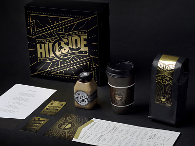 HILLSIDE COFFEE & DONUT CO. black branding coffee coffee shop collateral gold identity packaging