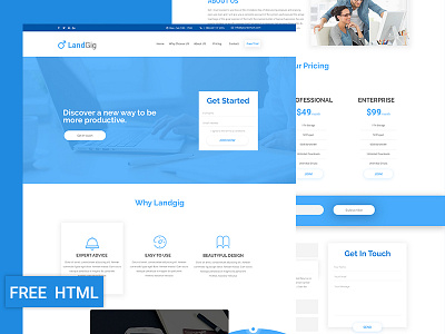 Landgig – Landing page template free HTML download bootstrap freebie freehtml html landgig landingpage onepage revolthemes template templates webdesign