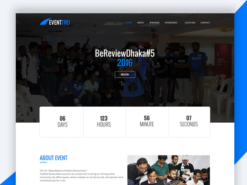 Eventtro – Meetup HTML Landing Page Design Free Download landign page event free html template freebie revolthemes web design bootstrap design template html business eventtro