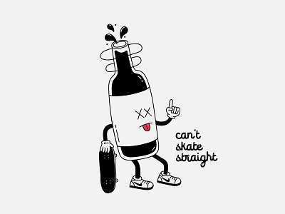 Can't Skate Straight beer black bottle cartoon character drink grey old school skate skateboard type typography