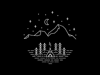 Camping black black white camping circle crescent moon forrest illustration landscape line monoline moon mountain mountains nature night outdoor stars white