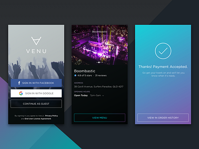 Venu App Core Screens app bar branding club gradient icon ios launcher logo order restaurant