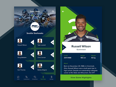 Football App - Team Roster card football mobile nfl profile seahawks team