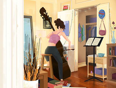 Working on her Bach bach bass brushes classical classical music curls digital painting double bass illustration music
