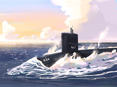 USS Sea Devil blow clouds digital art digital painting hull military ocean periscope submarine sunset wave