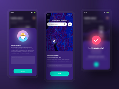 Home vaccination | coronacure app booking consulting corona covid dark delivery drive freelance health home location map mobile navigation product schedule travel ui ux