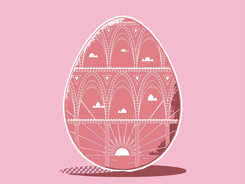 Roman Egg-queduct happy clouds sunshine aquaduct pink texture monoline egg easter graphic design illustration
