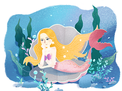 Miss Mermaid blue， bubble， emotional green， illustrations， mermaid， pink， plant， sea， shell， star， stone，