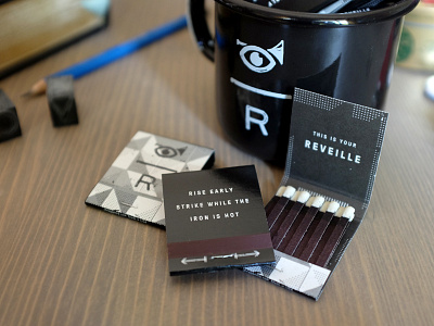 Reveille Mugs and Matches bugle cups enamel enamelware eyeball matchbooks matches mug reveille
