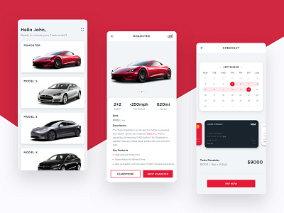 Tesla - Rental App Concept app car rental cars design gradient red rental rental app rentals roadster tesla teslaroadster ui uidesign uiux ux