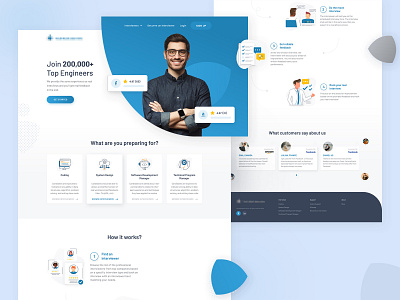 Tech Interview Landing Page Design blue creative design engineer icon illustration landing page minimal modern process professional rating steps testimonial ui design