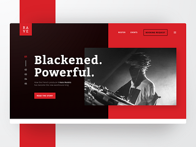 Rave - Landing page concept for an artist booking agency. agency bicolor blog booking branding clean design landing page minimal rave ui user interface webdesign