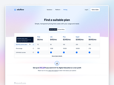 Eduflow pricing page accordion edtech gradient inter landing page pricing product table