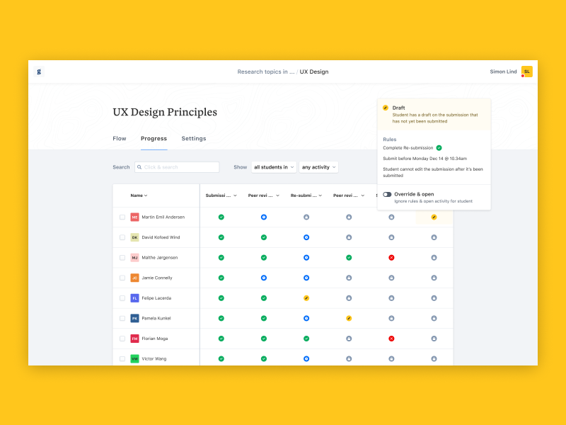 Assignment progress view v2 ui search menu context menu table dashboard peergrade edtech
