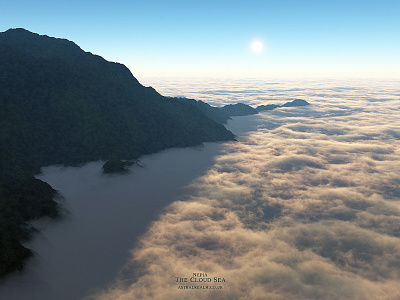 Nepia - The Cloud Sea 3dart celestial clouds digitalart exoplanet fantasy fantasyart fractal isosurface mojoworld mountains procedural scifi scifiart space spaceart spacescape sunrise sunset volumetrics