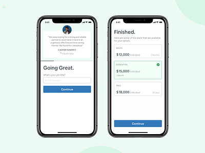 Jobbatical -Onboarding & plan selection 2019 trend agency appdesign clean design ios iphone 11 minimal typography ux webdesign