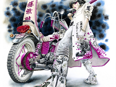 Bozokosu bat beautiful bozokosu girl illustration japan japanese jilipollo motorbike motorcycle retro vintage watercolor woman