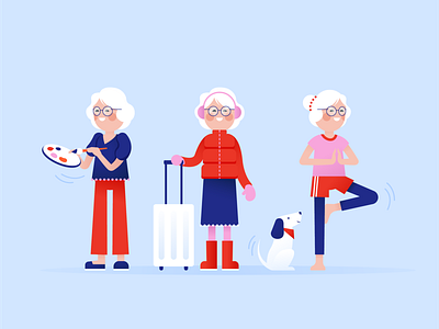In 50 years active character character design dog grandma granny illustration old lady painting travel woman yoga