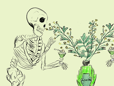 Spooky Absinthe absinthe alcohol apple pencil halloween ink inktober ipad ipadpro liquor plant plant illustration procreate skeleton skull spooky vinepair
