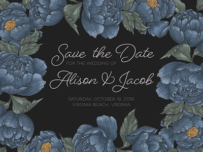 Digitally Illustrated Save the Date art blue design digital illustration drawing floral illustration navy peonies photoshop save the dates wedding invites
