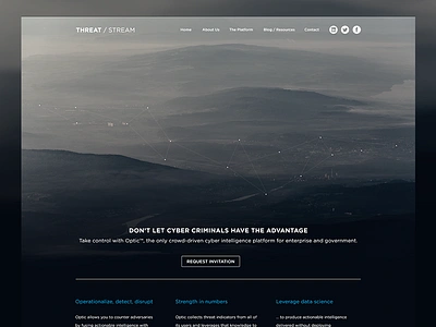 Threat / Stream - Home Page aerial background city clouds dots minimal mountains network photograph ui ux web design