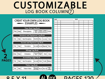 customizable log book 7 column - Kdp Interior amazon kindle branding design illustration kdp kdp interior logo ui ux vector